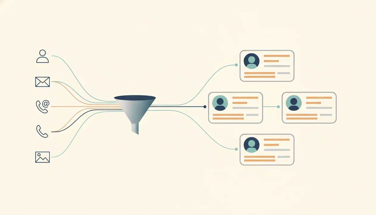 A simple diagram shows search inputs flowing through a funnel into grouped public profile results.