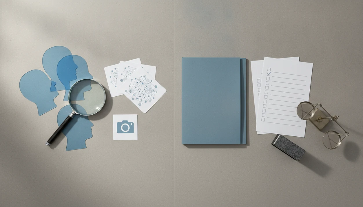 A desk still life contrasts public profile search materials with regulated background check paperwork.