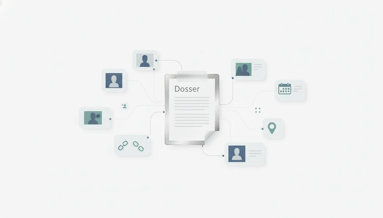 An abstract report page connects public profile clues with tentative lines on a clean desktop.