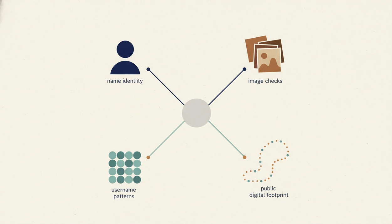 A simple diagram connects name, username, photo, and footprint signals around one profile check.