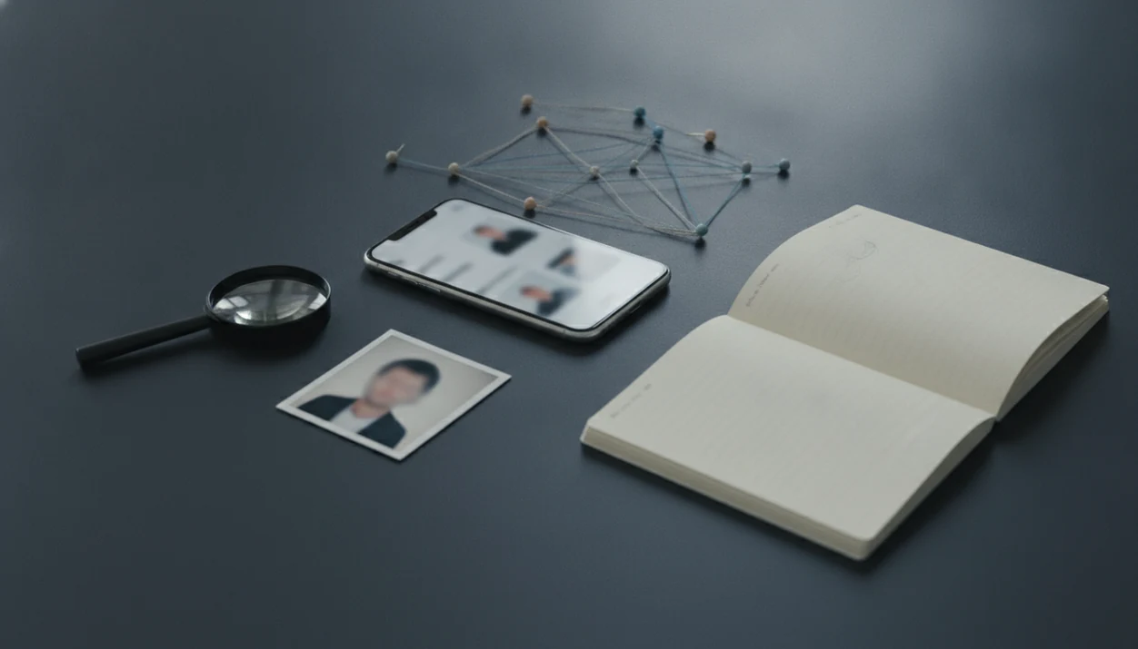 A phone, magnifying glass, blurred photo, and connected clues suggest checking an online profile carefully.