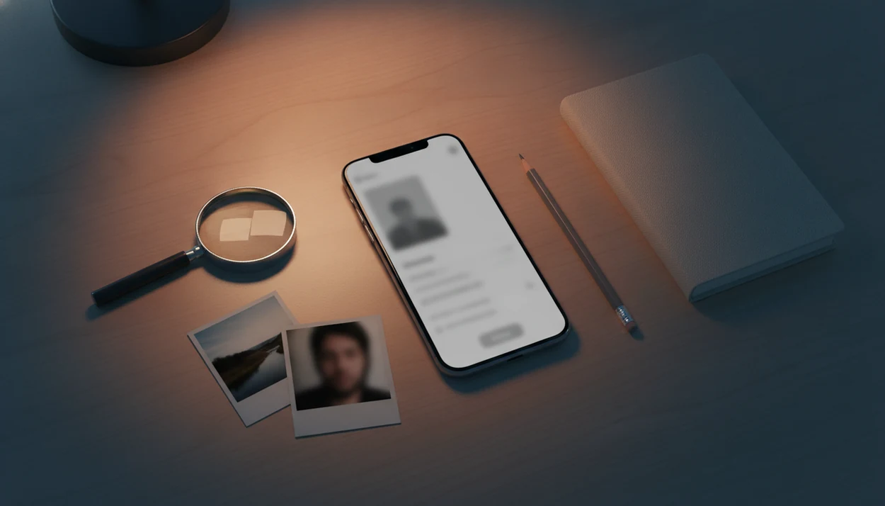 A phone with a blurred dating profile sits beside a magnifying glass and photo clues on a desk.