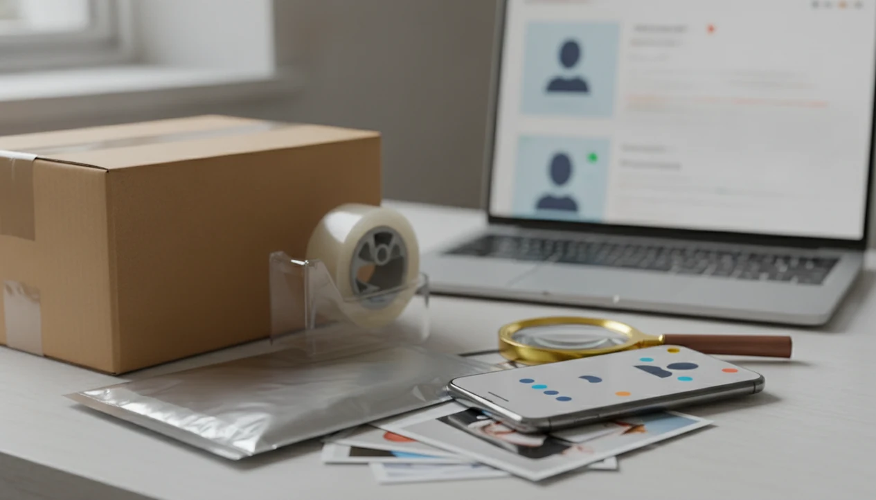 A seller’s packing table with parcels, a phone, product photos, and a magnifying glass for profile checks.