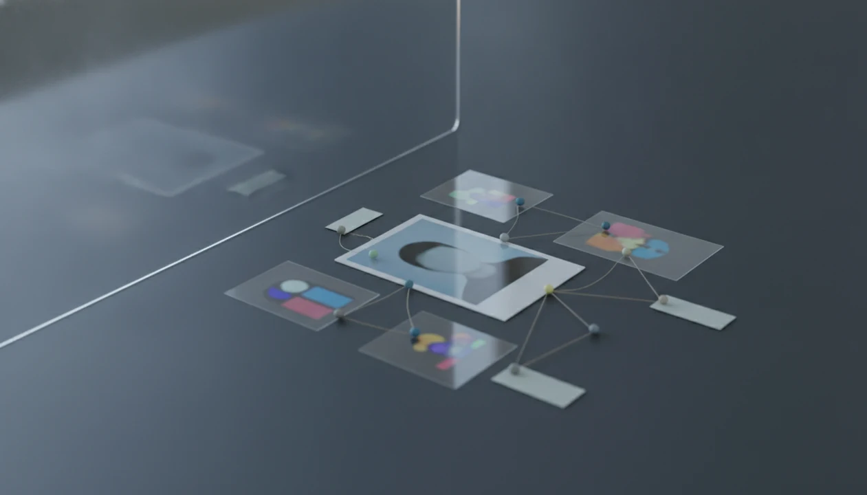 A blurred profile photo card is linked to abstract public web clues behind a privacy boundary.
