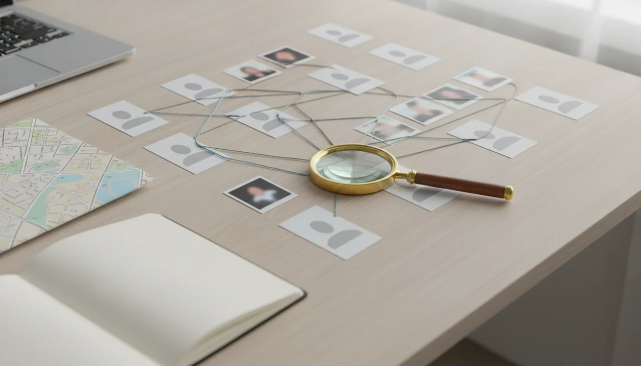 A tidy desk shows blank profile cards, a map, and a magnifying glass arranged for public identity research.