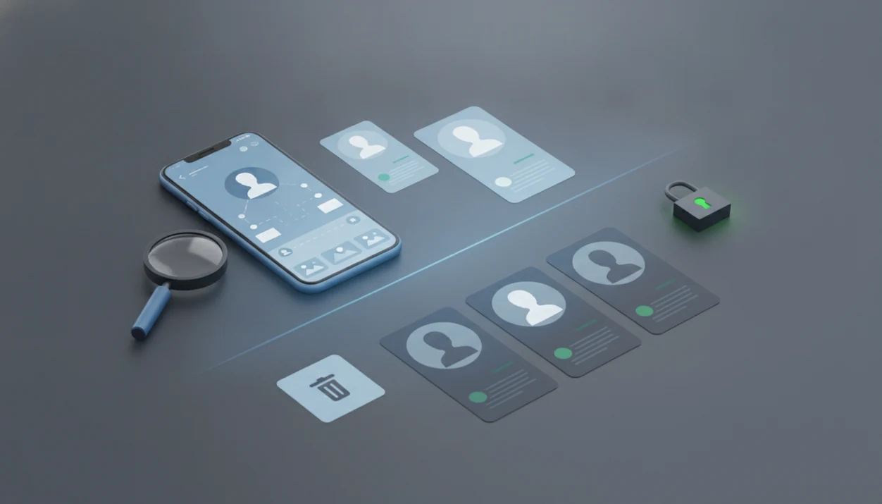 An abstract app search workspace shows public profile clues, privacy controls, and clear access boundaries.