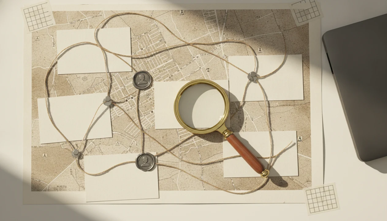 A desk with a city map, blank clue cards, string connections, and a magnifying glass for online search research.