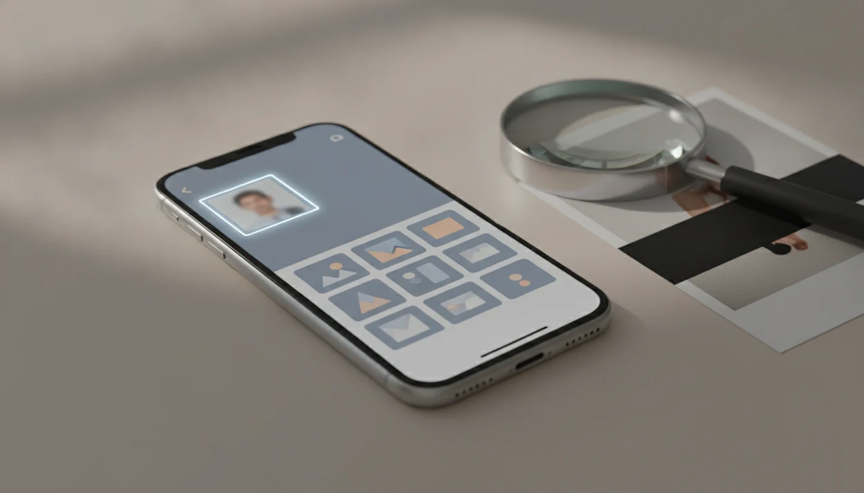 An iPhone shows a text-free reverse image search workflow with cropped photo tiles and a magnifying glass.