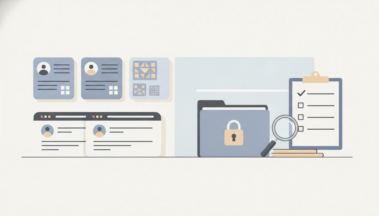 An abstract recruiter workspace shows public profile cards separated from a locked folder by a clear boundary.