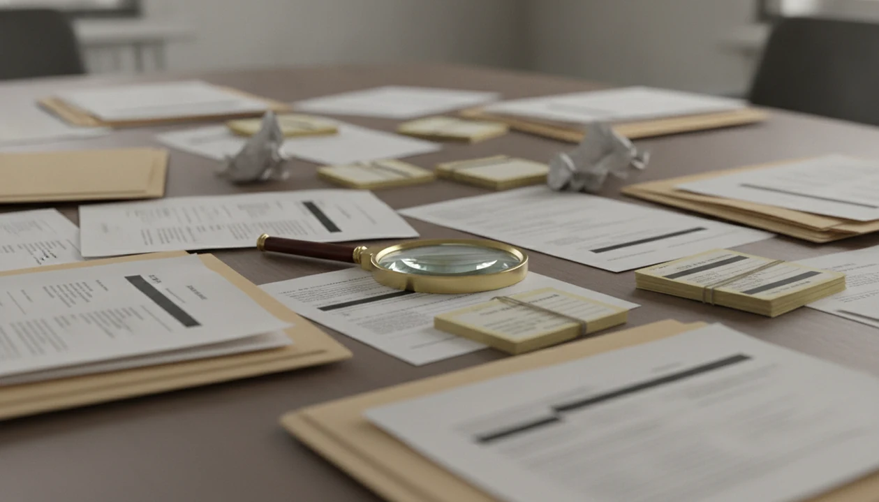 A desk of redacted public-record files and mismatched cards under a magnifying glass.